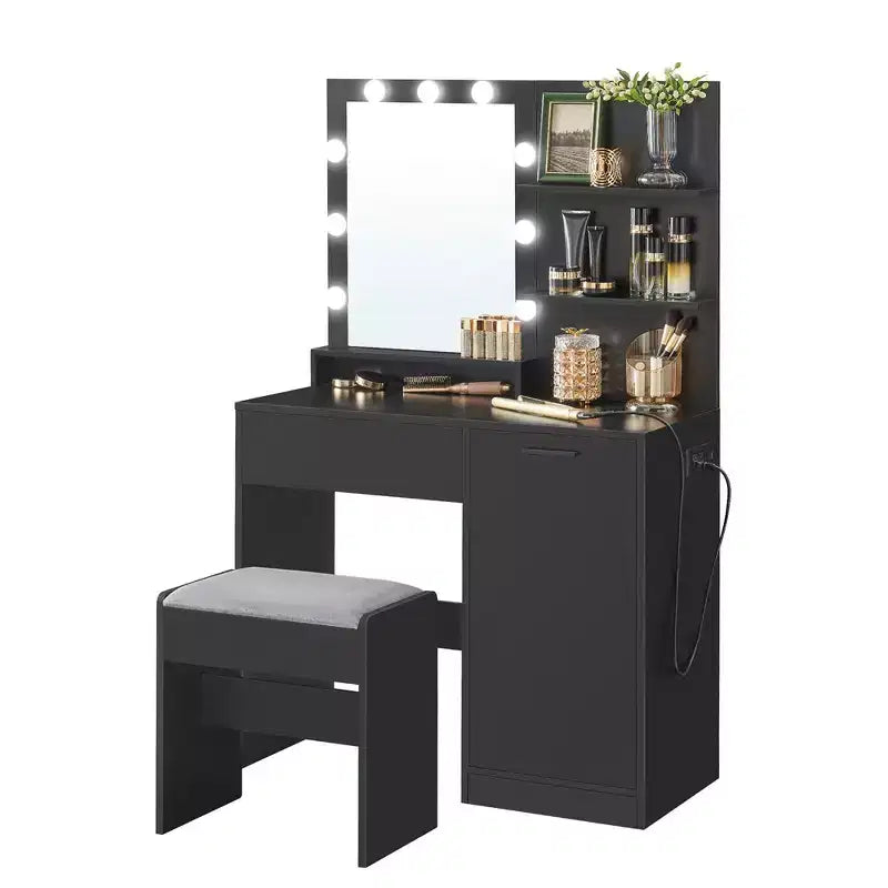 Vanity Desk with Mirror and Lights,35.4-Inch Wide Makeup Vanity with/without Upholstered Vanity Stool,Power Outlets,Storage Drawer,Ink Black