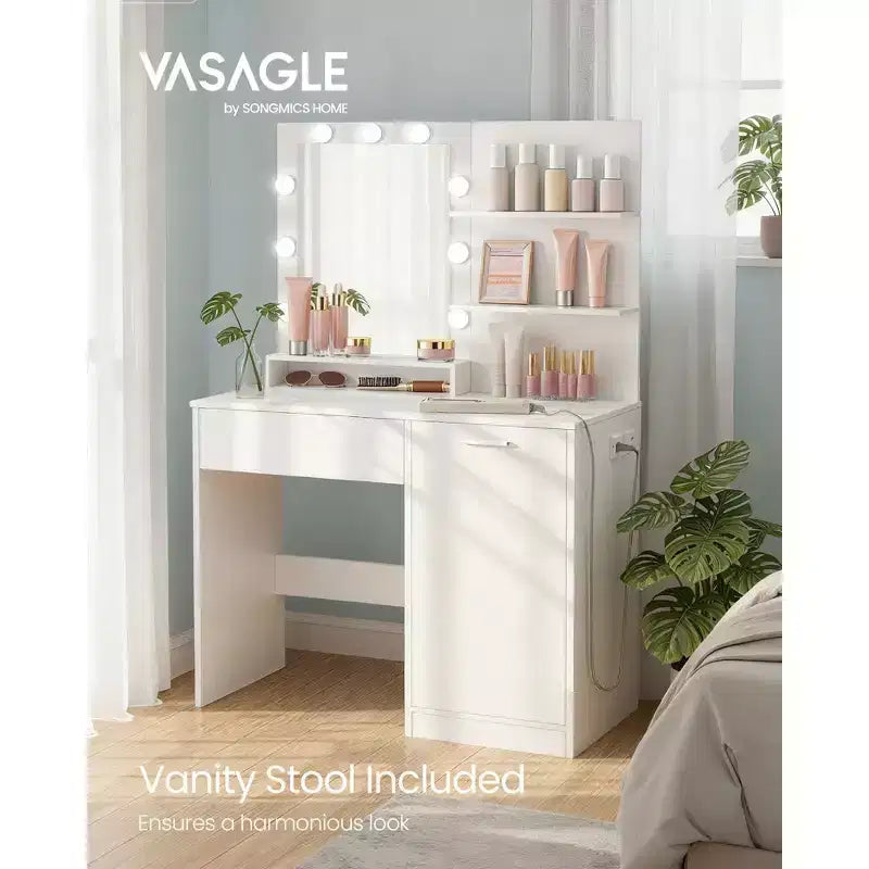 Vanity Desk with Mirror and Lights,35.4-Inch Wide Makeup Vanity with/without Upholstered Vanity Stool,Power Outlets,Storage Drawer,Ink Black