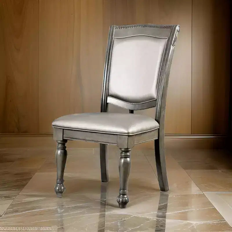 Royal Hampton Faux Leather Upholstered Solid Wood Side Chair, Pack of Two, Silver and Gray