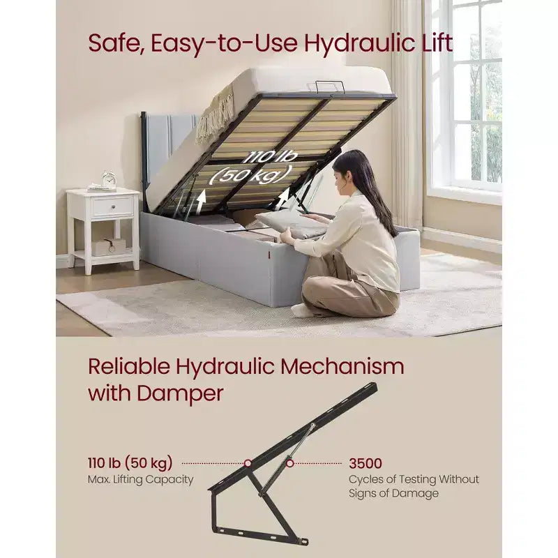 Cadre de lit relevable double avec rangement, lit plateforme avec tête de lit capitonnée, capacité de 250 kg et rangement sous le lit