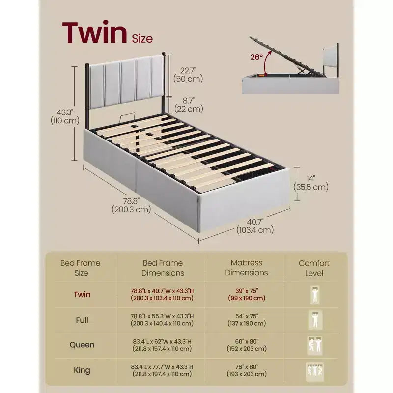 Cadre de lit relevable double avec rangement, lit plateforme avec tête de lit capitonnée, capacité de 250 kg et rangement sous le lit