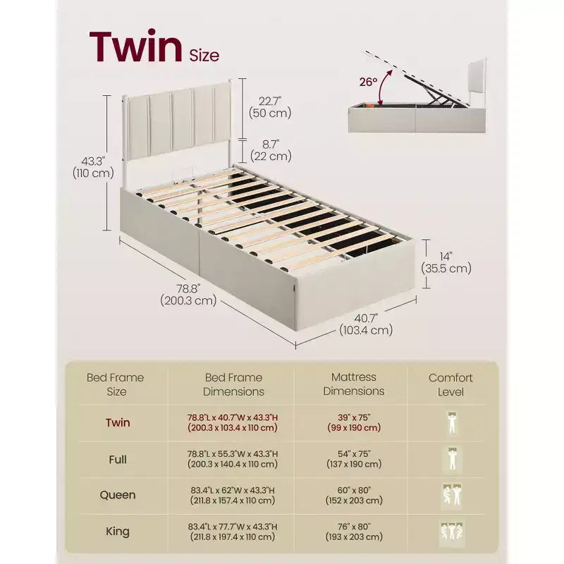 Cadre de lit relevable double avec rangement, lit plateforme avec tête de lit capitonnée, capacité de 250 kg et rangement sous le lit