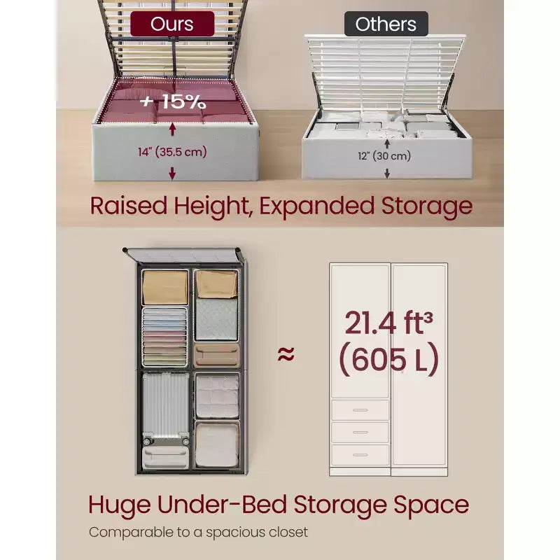 Cadre de lit relevable double avec rangement, lit plateforme avec tête de lit capitonnée, capacité de 250 kg et rangement sous le lit