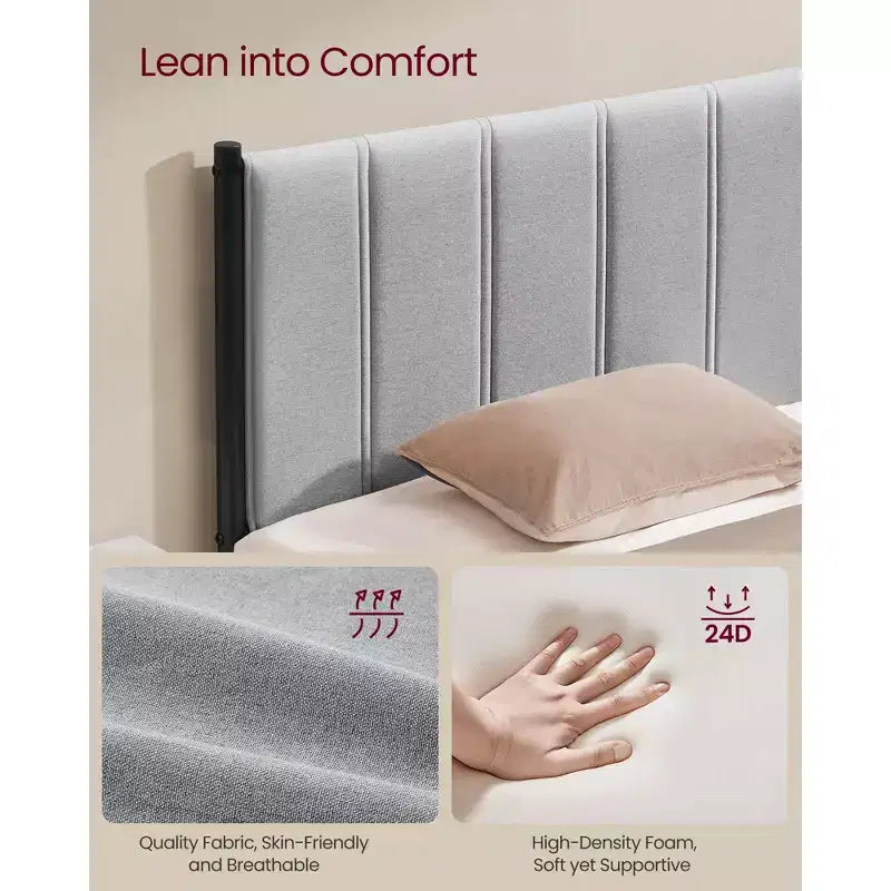 Cadre de lit relevable double avec rangement, lit plateforme avec tête de lit capitonnée, capacité de 250 kg et rangement sous le lit