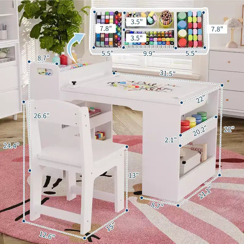 Table et 2 chaises pour enfants, table d'activités créatives avec grandes étagères de rangement, bureau de dessin en bois pour enfants