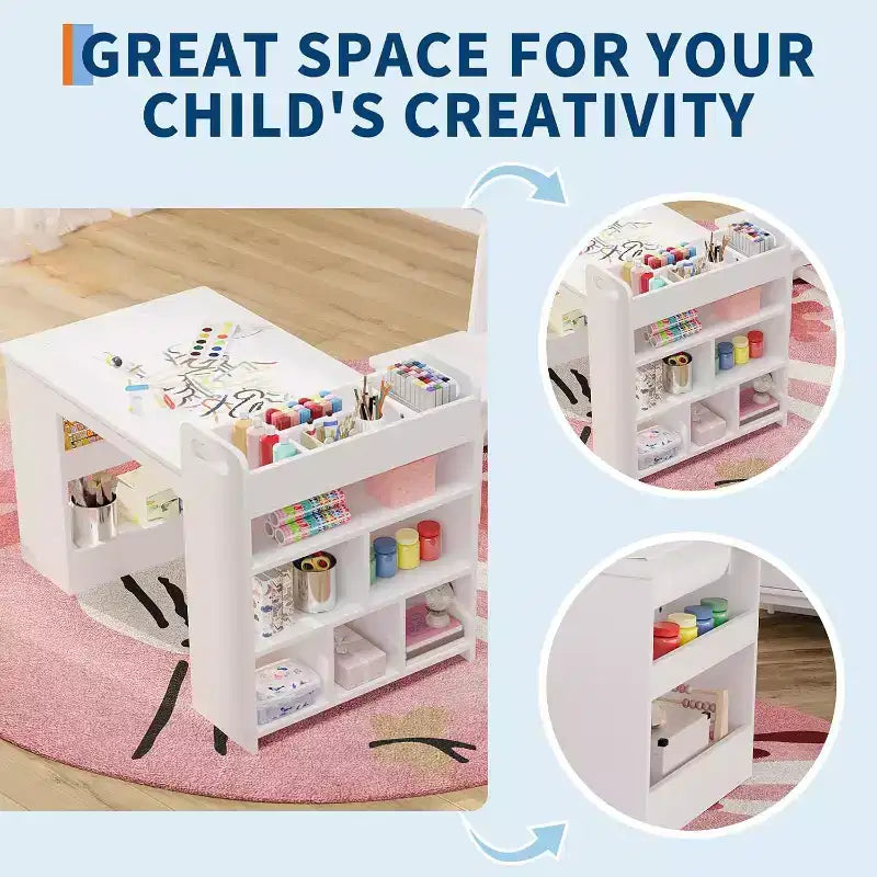 Table et 2 chaises pour enfants, table d'activités créatives avec grandes étagères de rangement, bureau de dessin en bois pour enfants