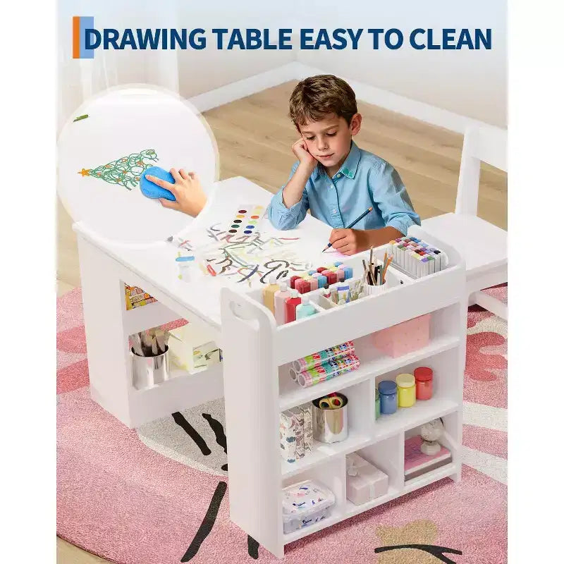 Table et 2 chaises pour enfants, table d'activités créatives avec grandes étagères de rangement, bureau de dessin en bois pour enfants