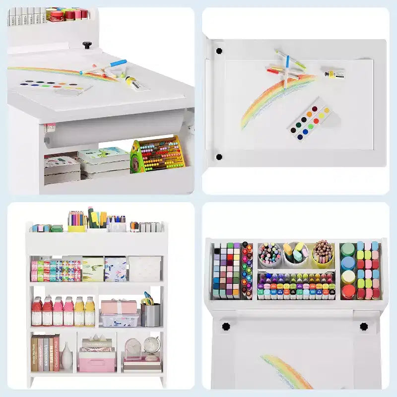 Table et 2 chaises pour enfants, table d'activités créatives avec grandes étagères de rangement, bureau de dessin en bois pour enfants