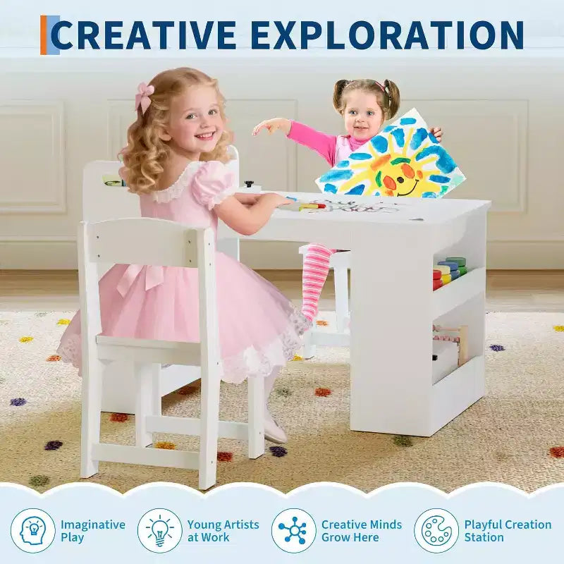 Table et 2 chaises pour enfants, table d'activités créatives avec grandes étagères de rangement, bureau de dessin en bois pour enfants