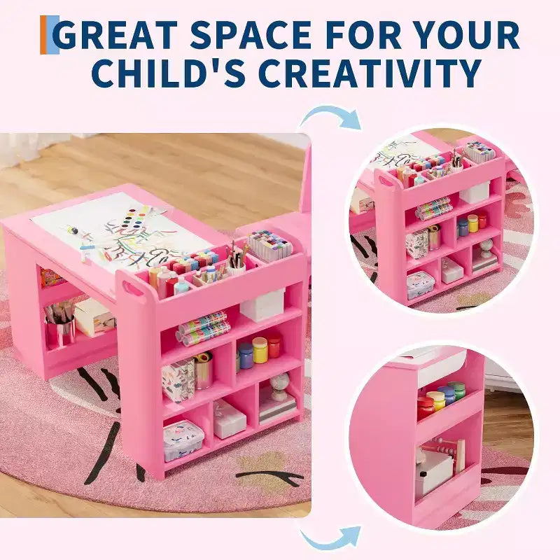 Table et 2 chaises pour enfants, table d'activités créatives avec grandes étagères de rangement, bureau de dessin en bois pour enfants