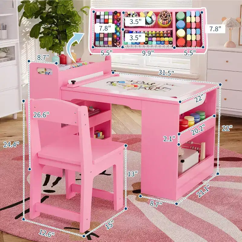 Kids Art Table and 2 Chairs, Craft Table with Large Storage Shelves,Wooden Drawing Desk Activity & Crafts for Kids
