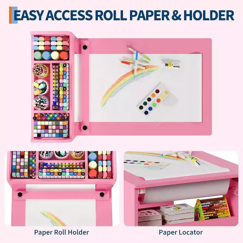 Kids Art Table and 2 Chairs, Craft Table with Large Storage Shelves,Wooden Drawing Desk Activity & Crafts for Kids