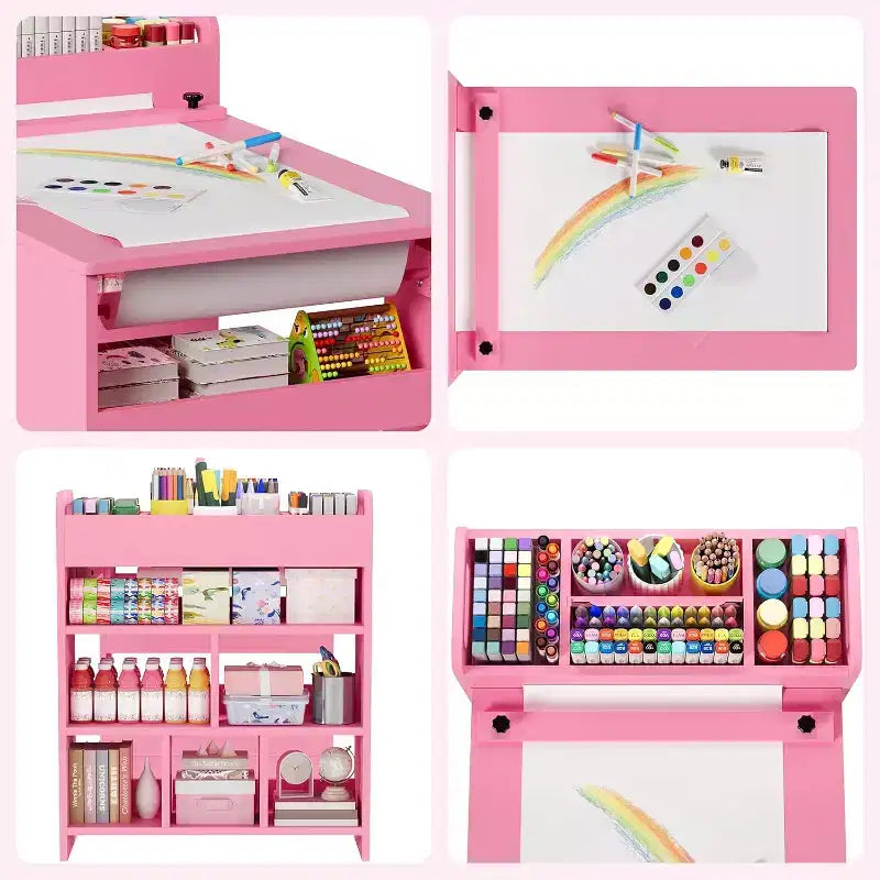 Kids Art Table and 2 Chairs, Craft Table with Large Storage Shelves,Wooden Drawing Desk Activity & Crafts for Kids