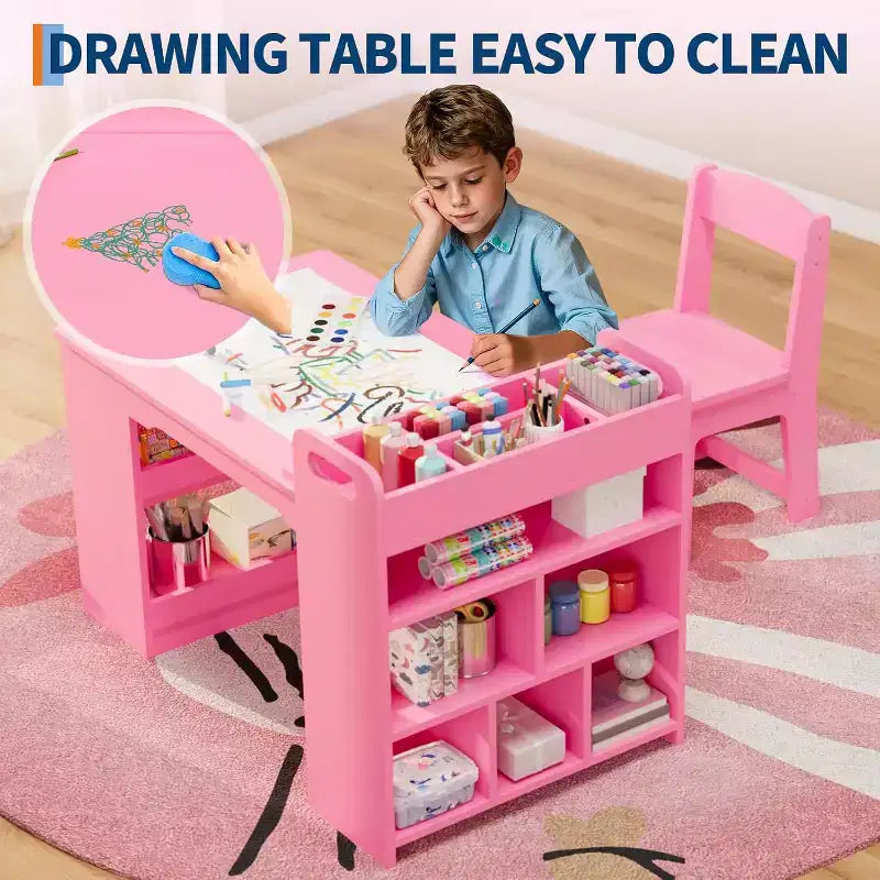 Table et 2 chaises pour enfants, table d'activités créatives avec grandes étagères de rangement, bureau de dessin en bois pour enfants
