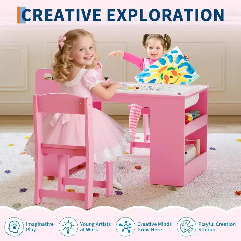Table et 2 chaises pour enfants, table d'activités créatives avec grandes étagères de rangement, bureau de dessin en bois pour enfants