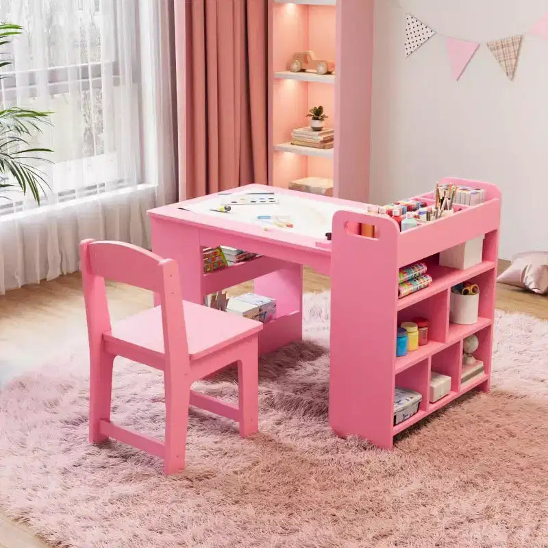 Garvee Kids Art Table and 2 Chairs, Craft Table with Large Storage Shelves,Wooden Drawing Desk Activity & Crafts for Kids