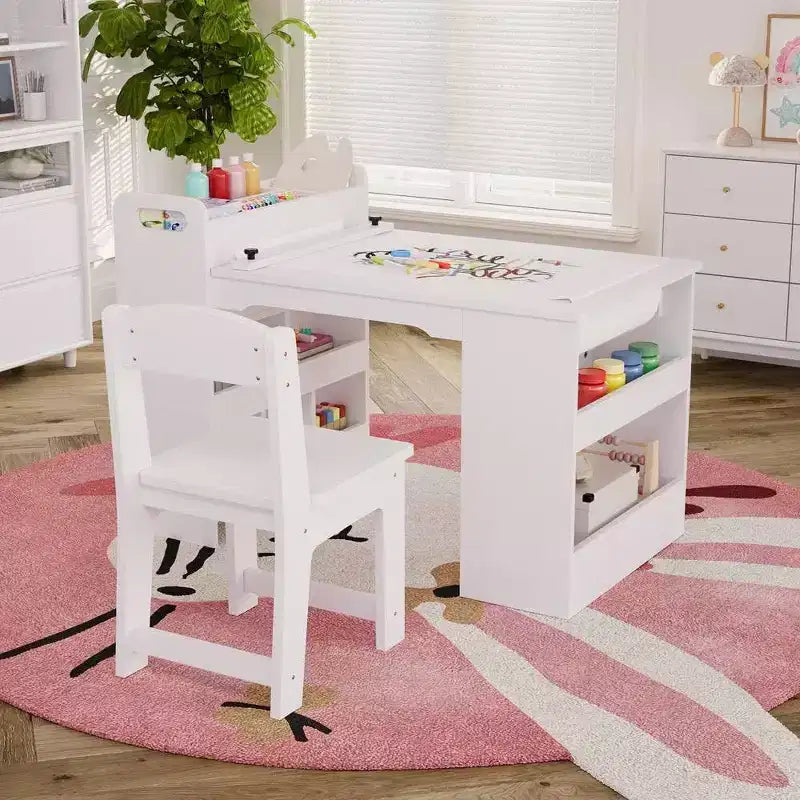 Kids Art Table and 2 Chairs, Craft Table with Large Storage Shelves,Wooden Drawing Desk Activity & Crafts for Kids