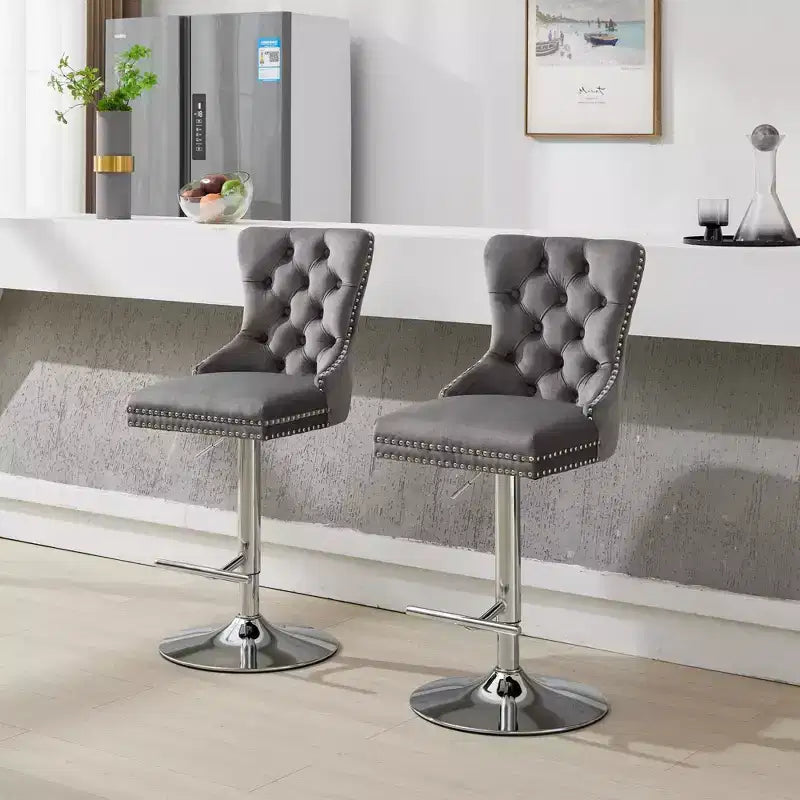 Swivel Bar Stools Set of 2, Adjustable 25-33 Inch Velvet Barstools with Tufted Diamond Pleating&Spring Seat, for Home Pub, Kitchen Island