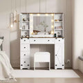 Makeup Vanity and Stool, Vanity Desk with Lights, White Vanity Table with Charging Station, 6 Drawers and Cabinets