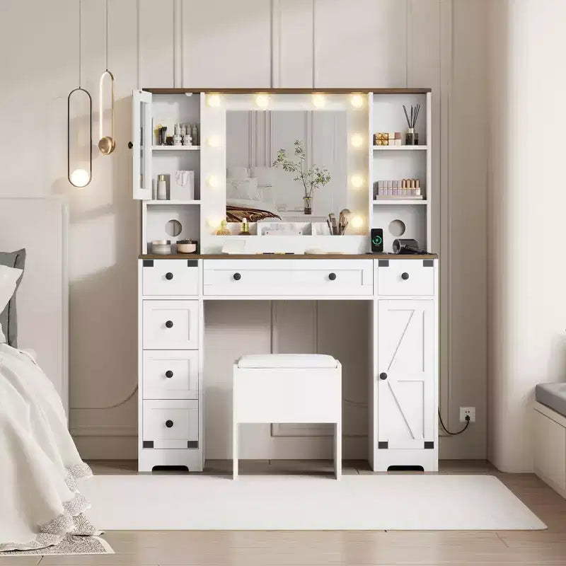 Makeup Vanity and Stool, Vanity Desk with Lights, White Vanity Table with Charging Station, 6 Drawers and Cabinets