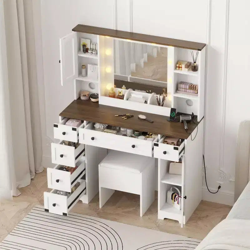 Coiffeuse et tabouret, Coiffeuse avec lumières, Table de maquillage blanche avec station de recharge, 6 tiroirs et placards