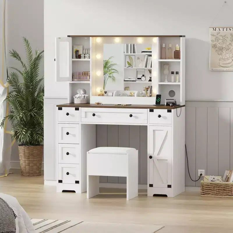 Makeup Vanity and Stool, Vanity Desk with Lights, White Vanity Table with Charging Station, 6 Drawers and Cabinets