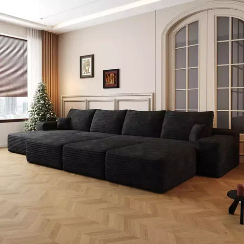 135 Inch Black Modular Cloud Sofa with 3 Ottomans for Apartment Living Room (Plush Corduroy Fabric)