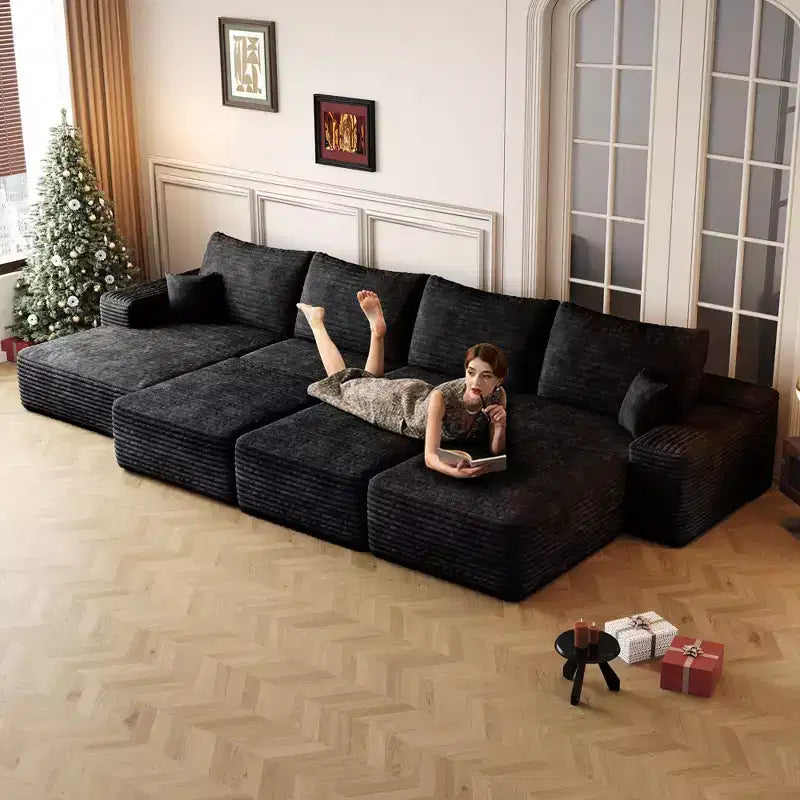 135 Inch Black Modular Cloud Sofa with 3 Ottomans for Apartment Living Room (Plush Corduroy Fabric)