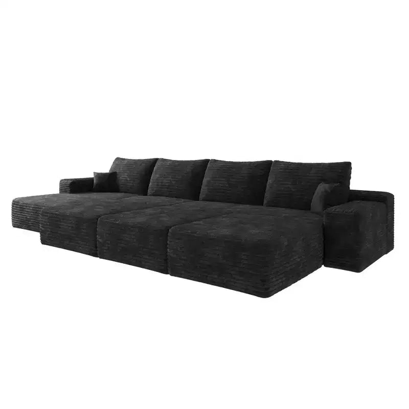 135 Inch Black Modular Cloud Sofa with 3 Ottomans for Apartment Living Room (Plush Corduroy Fabric)