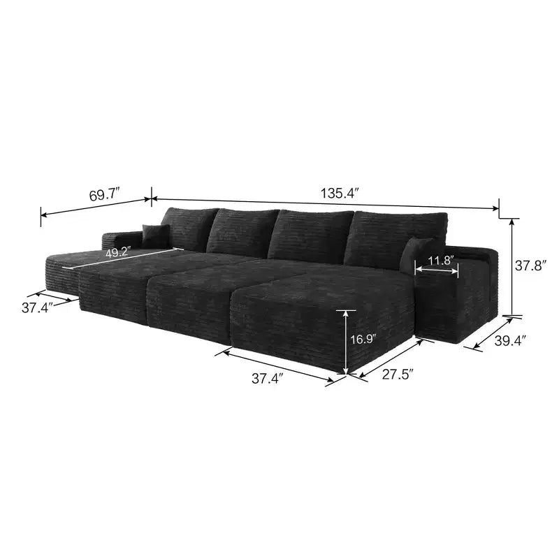 Canapé modulable noir de 343 cm avec 3 poufs pour salon d'appartement (tissu velours côtelé moelleux)