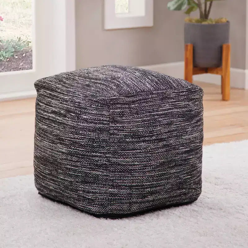 Omari Square Handwoven Pouf Black/Ivory - Steve Silver Co.: Bohemian Abstract Upholstered Ottoman, 18" Square, 250 lb Capacity