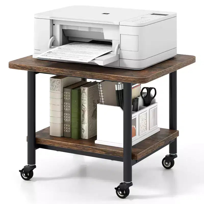 Table pour imprimante mobile à 2 niveaux avec étagère de rangement, roulettes verrouillables et cadre en métal