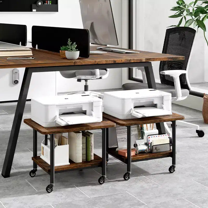 2-Tier Mobile Printer Table with Storage Shelf Lockable Wheels & Metal Frame