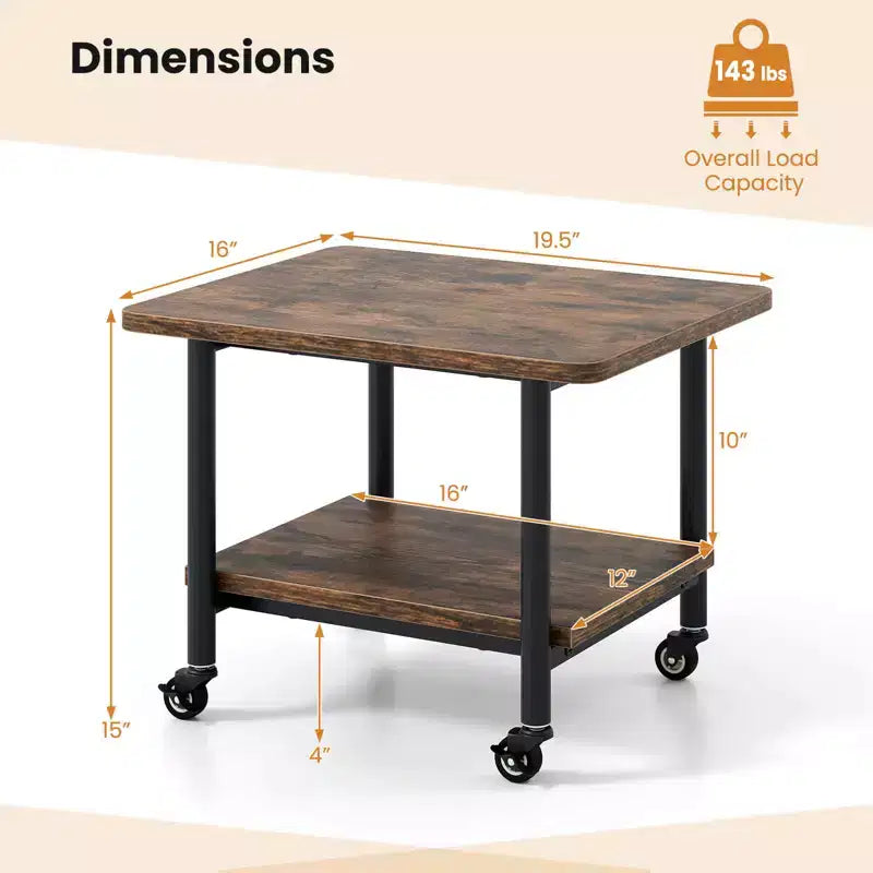 2-Tier Mobile Printer Table with Storage Shelf Lockable Wheels & Metal Frame