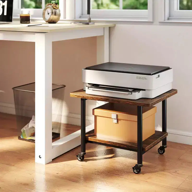 2-Tier Mobile Printer Table with Storage Shelf Lockable Wheels & Metal Frame