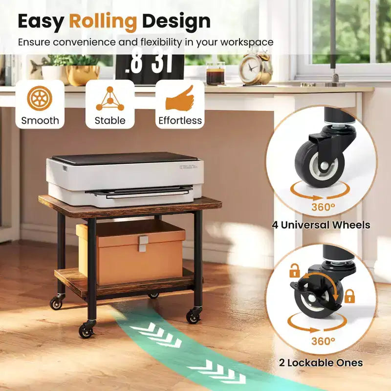 Table pour imprimante mobile à 2 niveaux avec étagère de rangement, roulettes verrouillables et cadre en métal