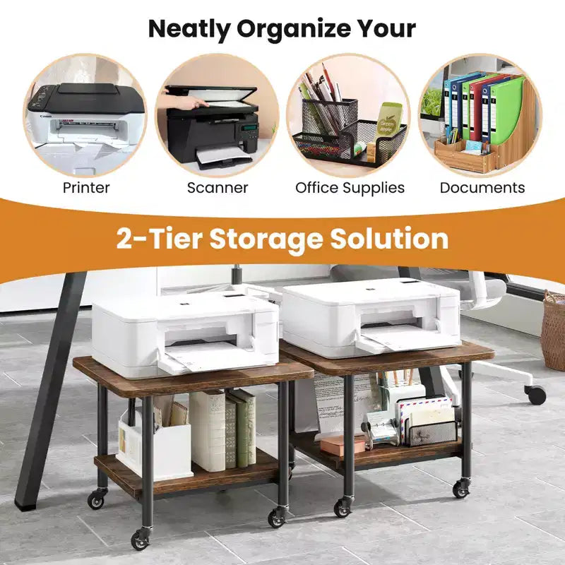 Table pour imprimante mobile à 2 niveaux avec étagère de rangement, roulettes verrouillables et cadre en métal